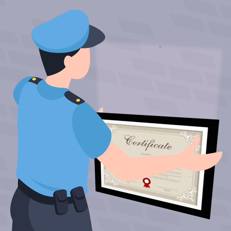 Illustration of a police hanging a certificate