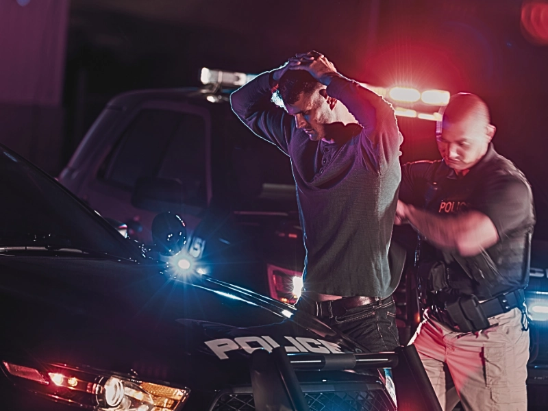 A police officer making an arrest, standing outside his patrol car at night, emergency lights flashing.