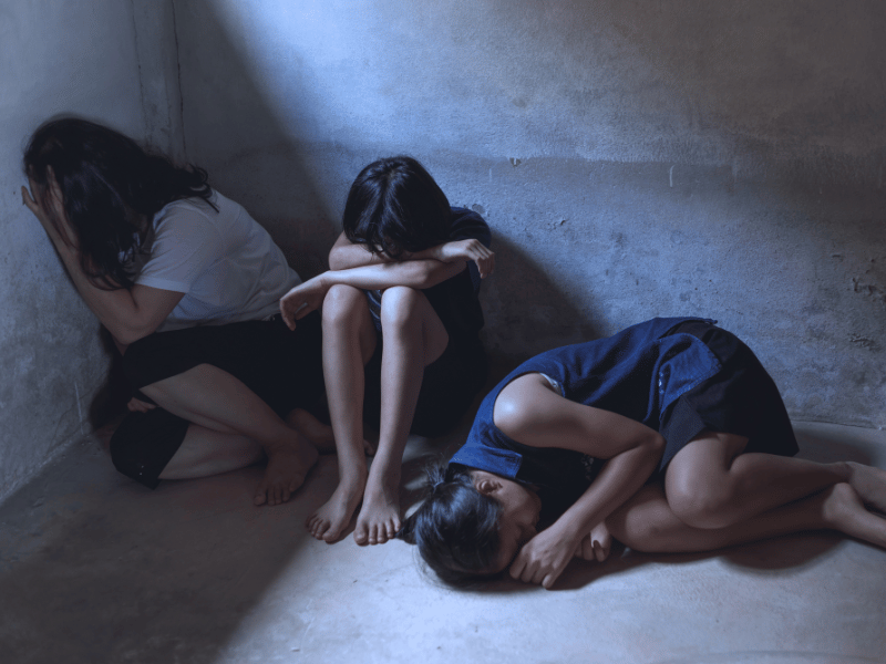 A group of young women kidnapped in a room