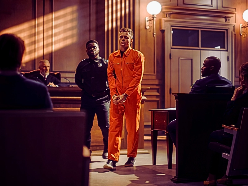 Cinematic Court of Law and Justice Trial Proceedings. Cost of a Guilty Criminal Plea