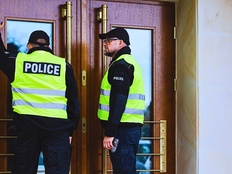 Two policemen are standing in front of the building's entrance door. Police Search Your Phone Without a Warrant