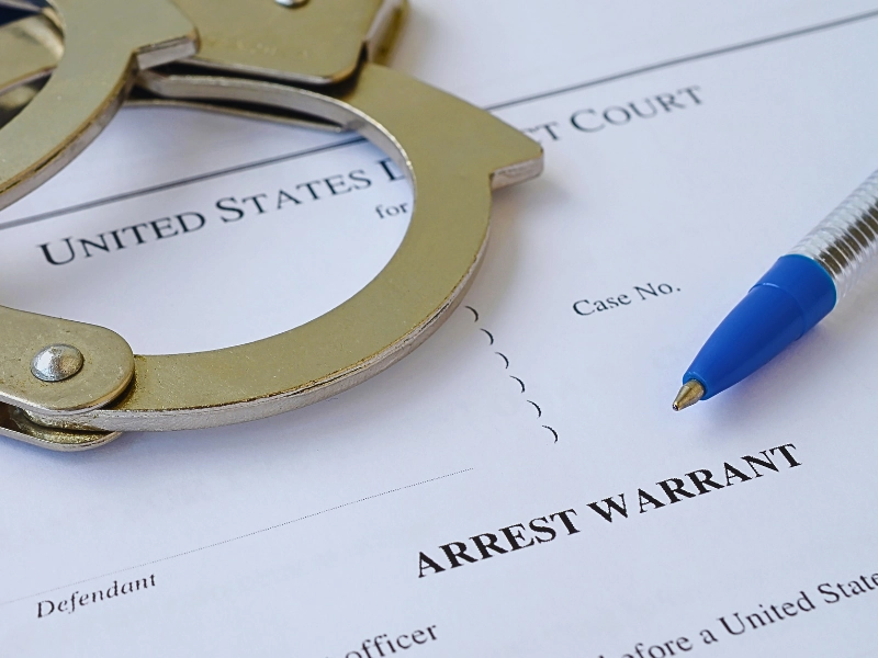 A pen and a handcuff on top of an arrest warrant. What to Do If You Have a Warrant