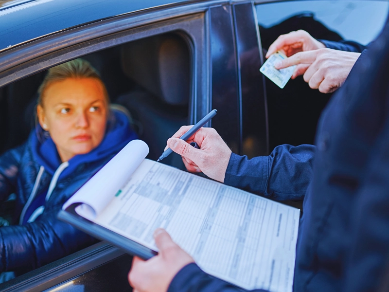 Police officer writing a traffic ticket for a female driver.