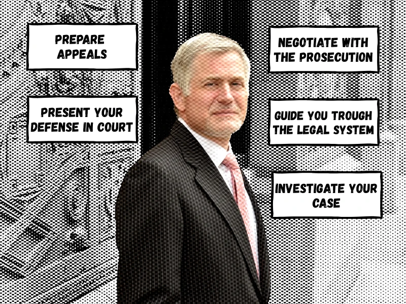 What Does A Criminal Defense Attorney Do? 1 Attorney in suit with boxes outlining key legal defense services.